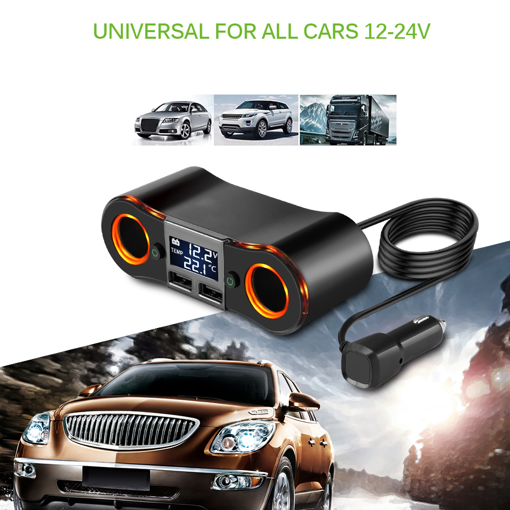 Splitter Αναπτήρα με Dual 2x Φορτιστή USB, Βολτόμετρο & Θερμόμετρο Αυτοκινήτου DC 12V-24V
